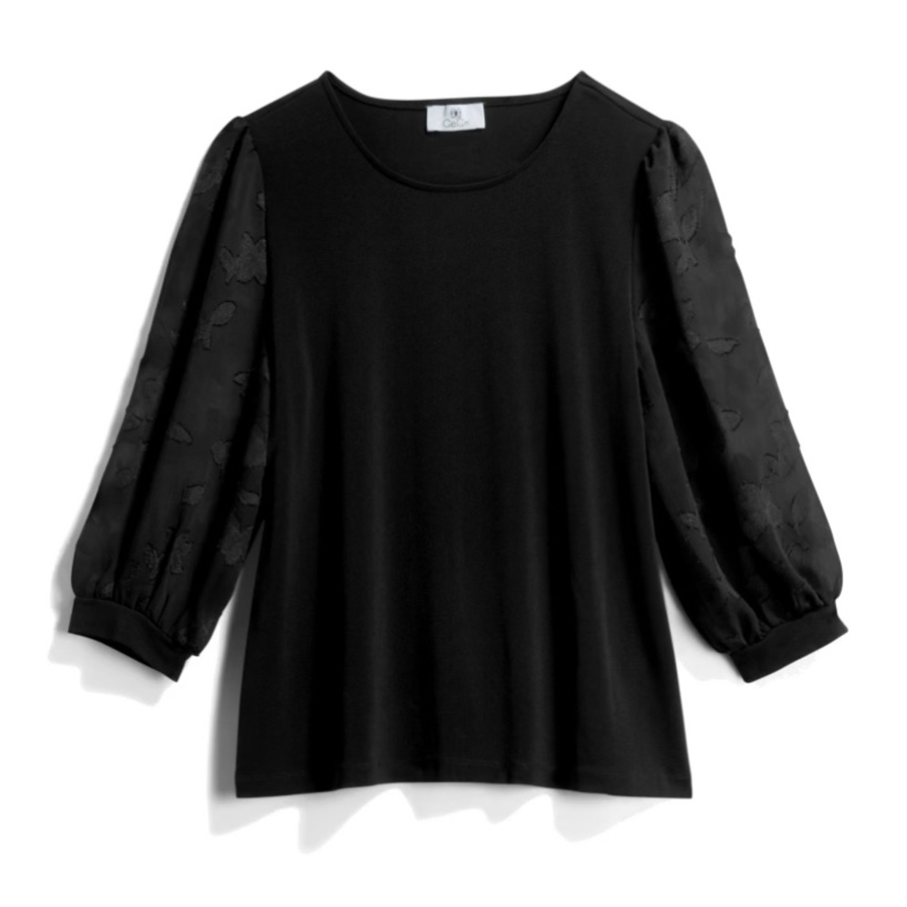 Cece Sportswear Voluminous Lace 3/4 Sheer Floral Sleeve Knit Top Black Size L